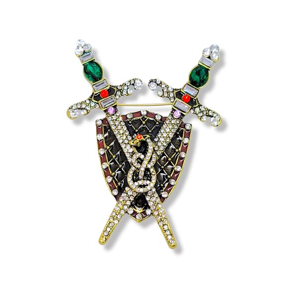 Multi-color Czech Crystal and Enamel Crossed Sword and Shield Brooch Pendant - Picture 1 of 4